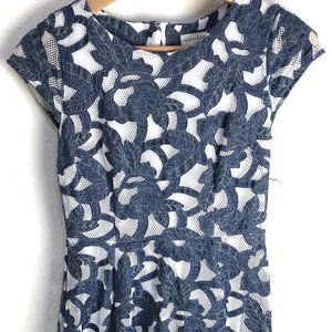 Maison Jules Navy White Midi Lace Stretch Overlay Flared Dress Size XS